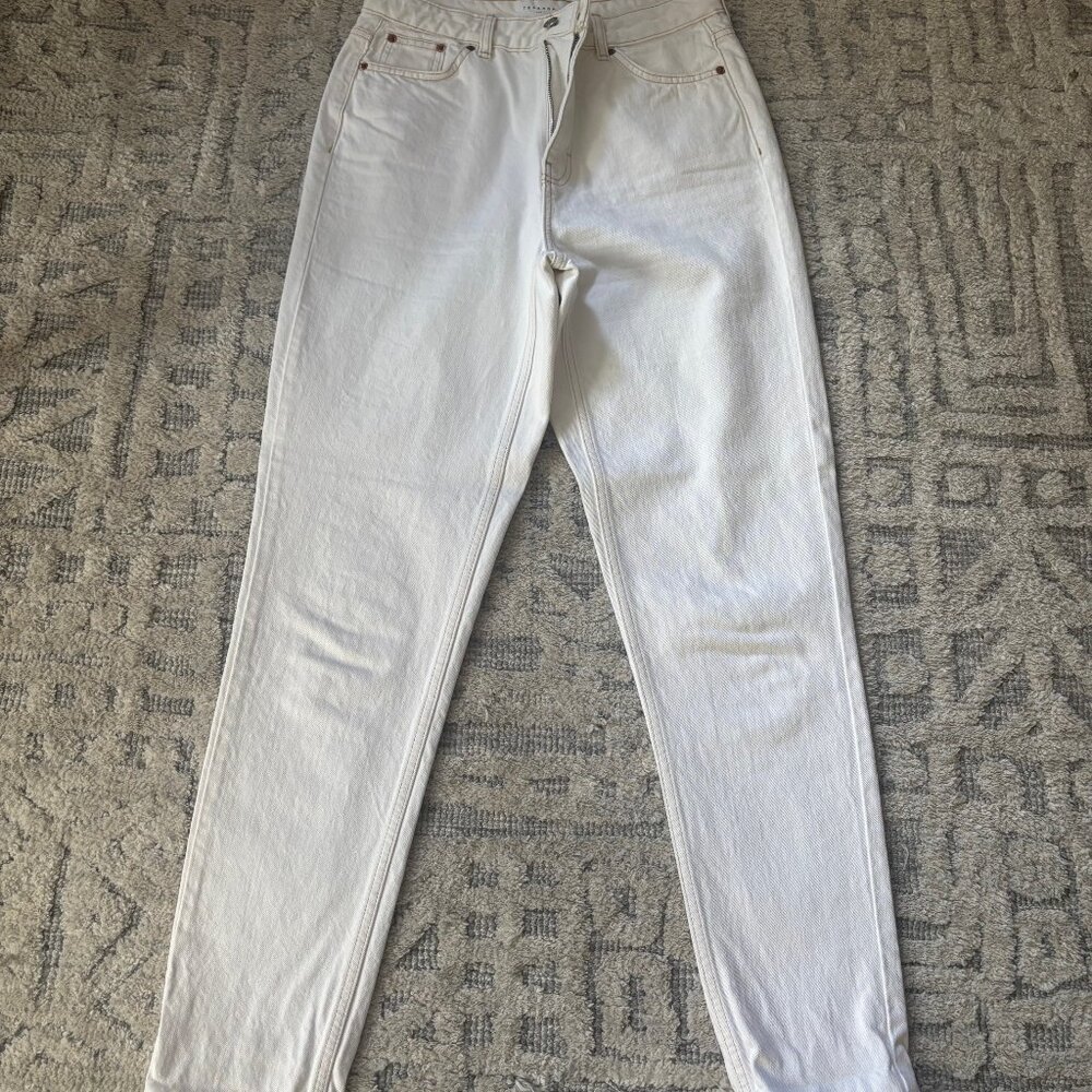 Topshop High Waisted Mom Jean in Off-White Denim, Size 30 Waist, 36 Length